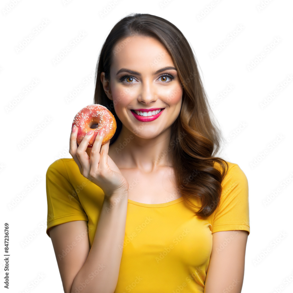 Smiling woman with donut on transparent background Smiling woman with donut on transparent background