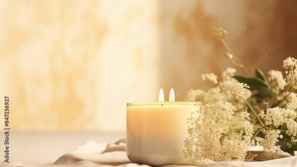 A cozy arrangement with a lit candle and delicate white flowers, creating a warm and inviting atmosphere perfect for relaxation and tranquility.
A cozy arrangement with a lit candle and delicate white flowers, creating a warm and inviting atmosphere perfect for relaxation and tranquility.