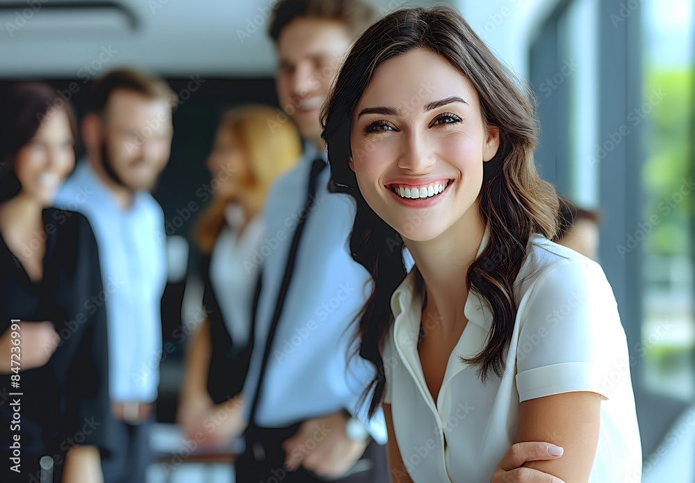 Happy businesspeople laughing in an office, direction of view to the camera, beautiful eyes Happy businesspeople laughing in an office, direction of view to the camera, beautiful eyes