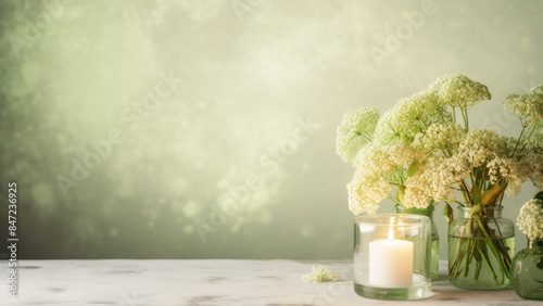 A cozy arrangement with a lit candle and delicate white flowers, creating a warm and inviting atmosphere perfect for relaxation and tranquility.

