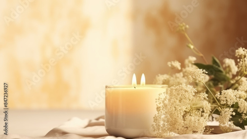 A cozy arrangement with a lit candle and delicate white flowers, creating a warm and inviting atmosphere perfect for relaxation and tranquility.

