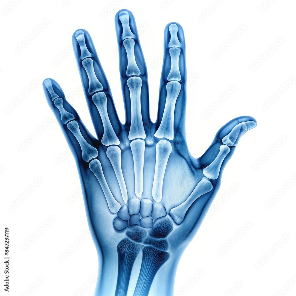 X-Ray Image of a Human Hand With Splayed Fingers on a White Background. Generative AI X-Ray Image of a Human Hand With Splayed Fingers on a White Background. Generative AI