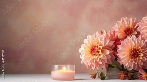 A beautiful arrangement of pink dahlias and various candles, creating a soft, romantic ambiance perfect for cozy and tranquil moments.

