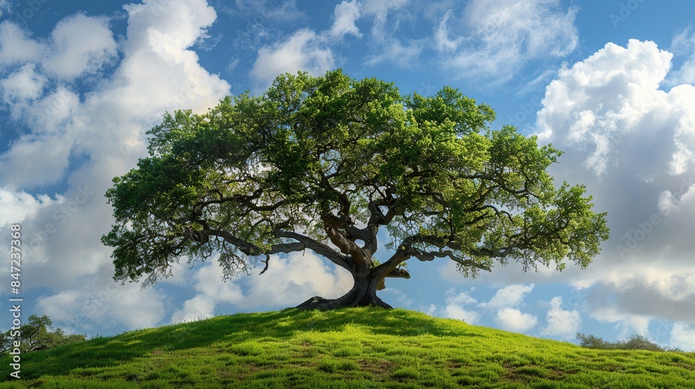 An ancient oak tree stands majestically on a hill in a green meadow, set against a sky dotted with clouds. Its sprawling branches exude grandeur and peace, blending seamlessly with nature. An ancient oak tree stands majestically on a hill in a green meadow, set against a sky dotted with clouds. Its sprawling branches exude grandeur and peace, blending seamlessly with nature.