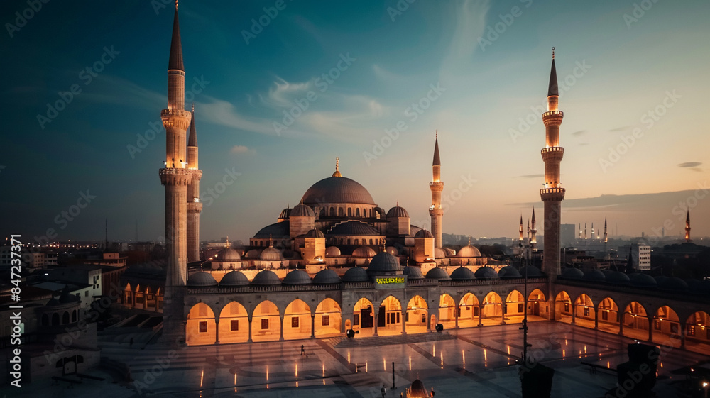 Naklejka premium Blue mosque illuminated at night, AI Generative.