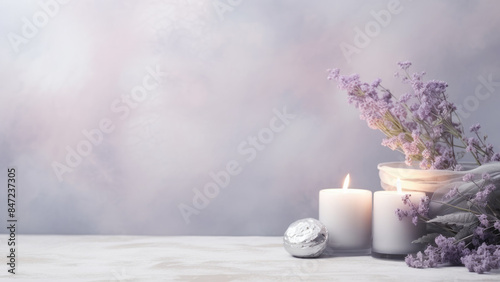 A serene arrangement of lavender flowers and blue candles, creating a calming ambiance perfect for relaxation and peaceful moments.

