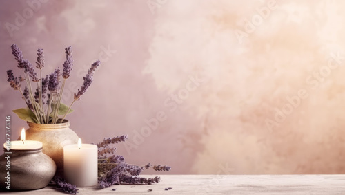 A serene arrangement of lavender flowers and blue candles, creating a calming ambiance perfect for relaxation and peaceful moments.

