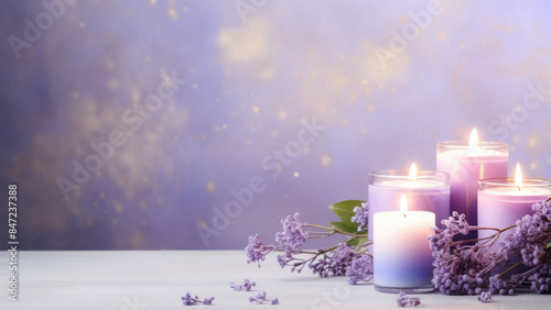 A serene arrangement of lavender flowers and blue candles, creating a calming ambiance perfect for relaxation and peaceful moments.

