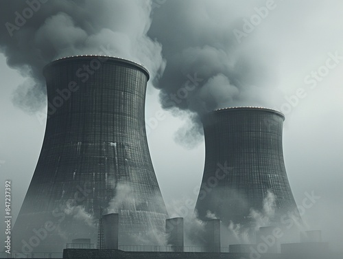 Nuclear plant with gray sky background.