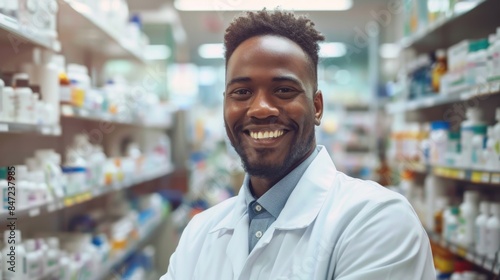 A smiling man in a white lab coat stands in front of a pharmacy