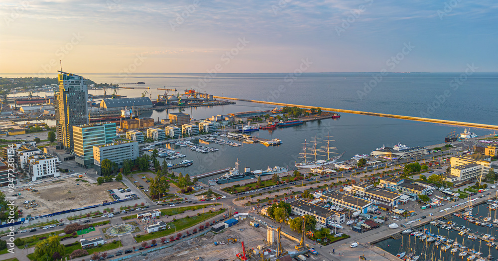 Obraz premium Aerial landscape of the harbor in Gdynia with modern architecture at sunset. Poland