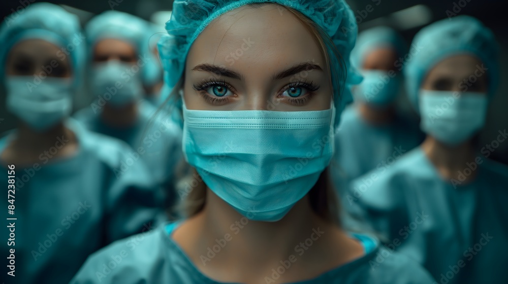 wide angle multi-racial masked nursing staff group photo happy at their accomplishments, doctor and nurse, group, operating room wide angle multi-racial masked nursing staff group photo happy at their accomplishments, doctor and nurse, group, operating room