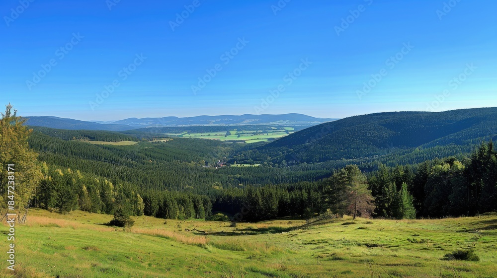 a mountain landscape adorned by lush green meadows and dense pine forests reaching up to the skyline, under the clear blue skies, evoking a sense of awe and tranquility. a mountain landscape adorned by lush green meadows and dense pine forests reaching up to the skyline, under the clear blue skies, evoking a sense of awe and tranquility.