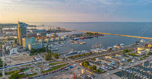 Aerial landscape of the harbor in Gdynia with modern architecture at sunset. Poland