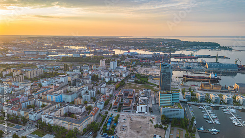 Aerial landscape of the harbor in Gdynia with modern architecture at sunset. Poland