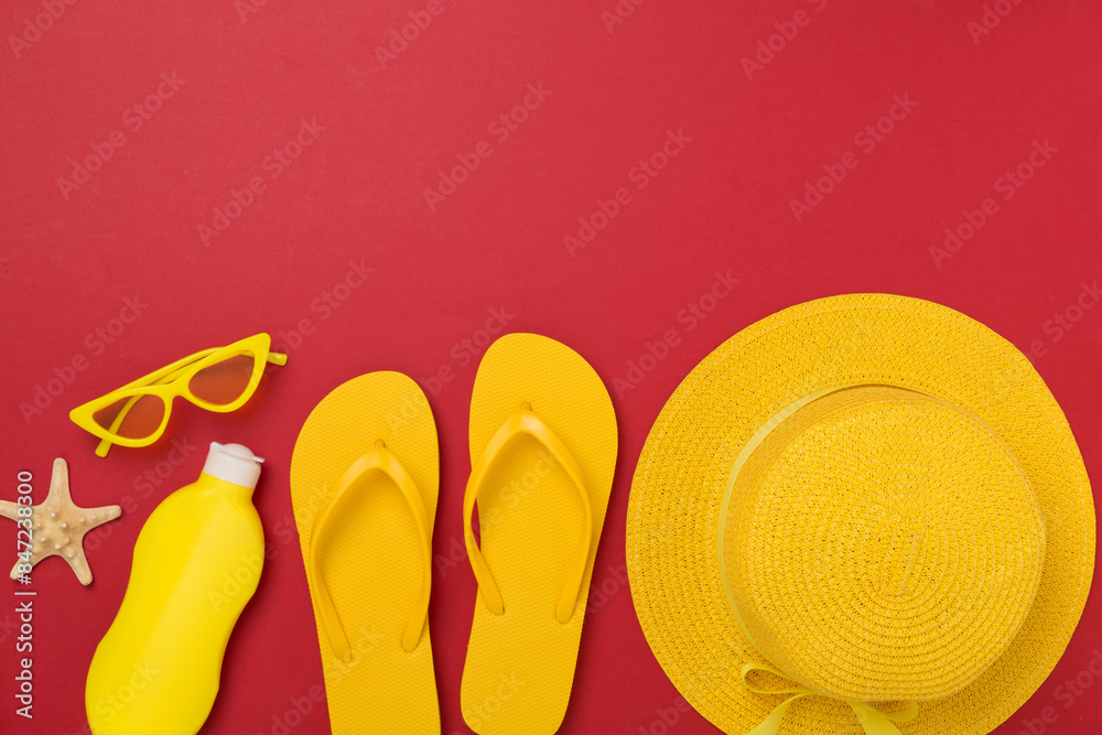 Flat lay with yellow summer outfit on color background. Vacation concept Flat lay with yellow summer outfit on color background. Vacation concept