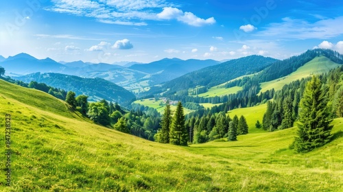 a mountain landscape adorned by lush green meadows and dense pine forests reaching up to the skyline, under the clear blue skies, evoking a sense of awe and tranquility.