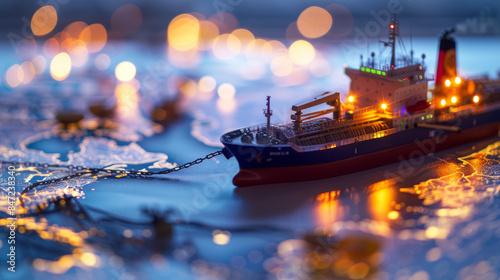 miniature ship navigating through illuminated map illustrating maritime routes at dusk