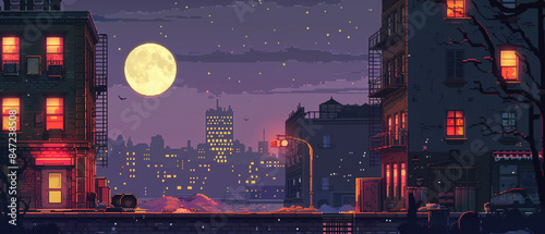 city ​​at night with full moon game platform illustration background