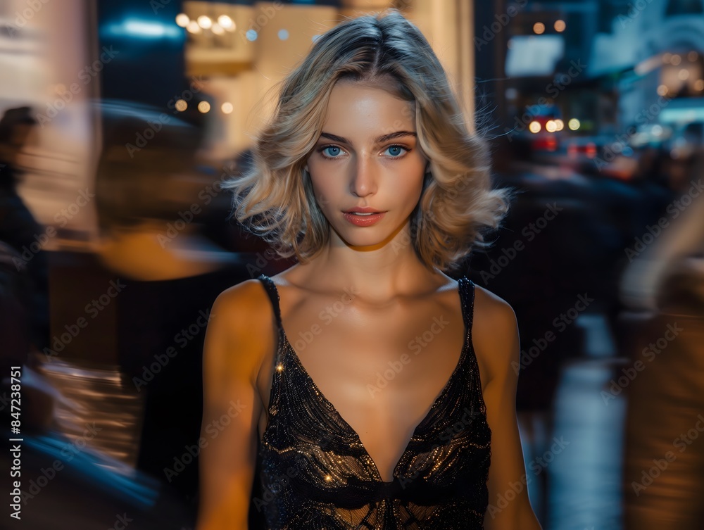 Street photography, people walking, motion blur, background blur, cityscape, model looking at the camera, stunning beauty standing in the crowd Street photography, people walking, motion blur, background blur, cityscape, model looking at the camera, stunning beauty standing in the crowd