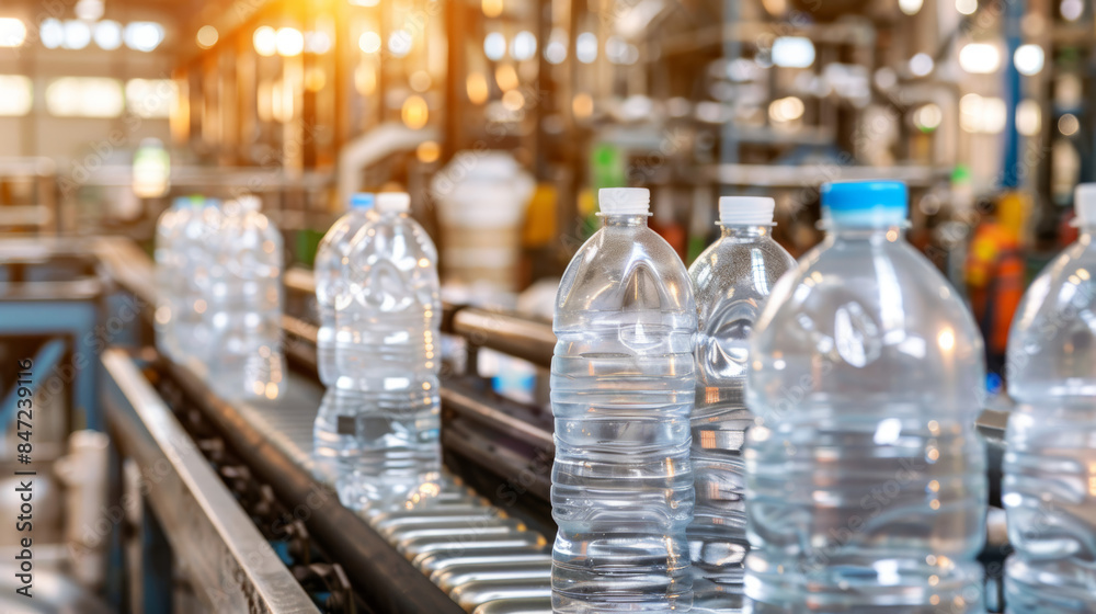 plastic water bottles on conveyor belt in a bottling factory with sunlight in background plastic water bottles on conveyor belt in a bottling factory with sunlight in background