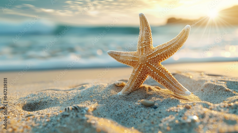 Serene Beach Sunset with Starfish on Sandy Shoreline