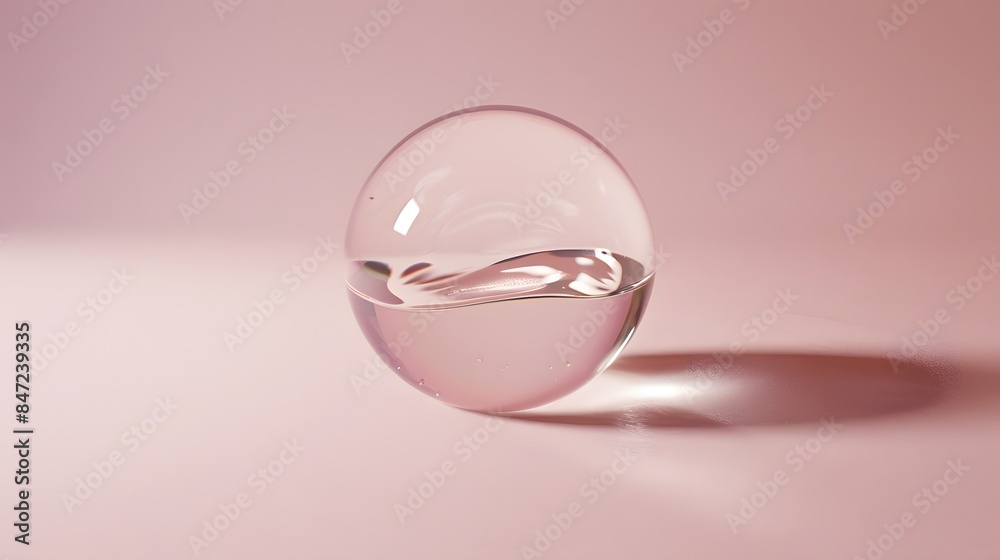 Transparent crystal water bubble glass sphere on a soft pink background. Transparent crystal water bubble glass sphere on a soft pink background.