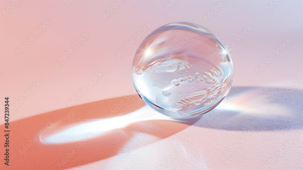 Transparent crystal water bubble glass sphere on a soft pink background. Transparent crystal water bubble glass sphere on a soft pink background.
