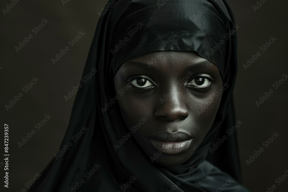 Young black woman with headscarf is posing in a studio portrait Young black woman with headscarf is posing in a studio portrait