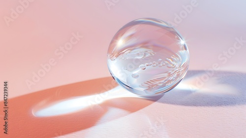 Transparent crystal water bubble glass sphere on a soft pink background.