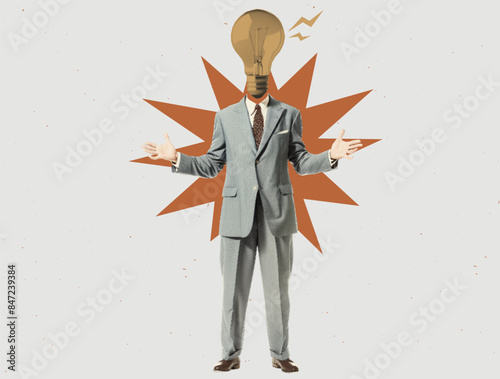 Collage of a Businessman with a light bulb. Contemporary vector halftone illustration. Concept of innovative idea, imagination, solution, inspiration. Successful business strategy or advertising.