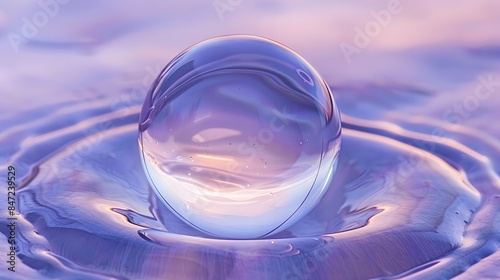 Crystal clear lilac water bubble on the surface with water. photo