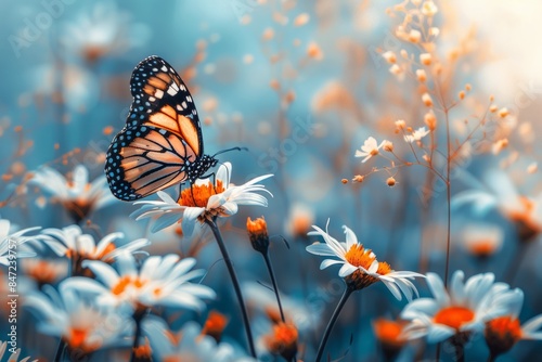 A monarch butterfly perched on a white daisy in a field of blooming daisies with a soft blue background.