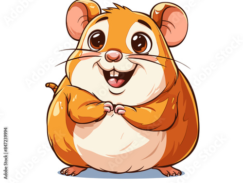 A cartoon hamster is standing on its hind legs and looking at the camera. The hamster is small and furry, with a cute expression on its face