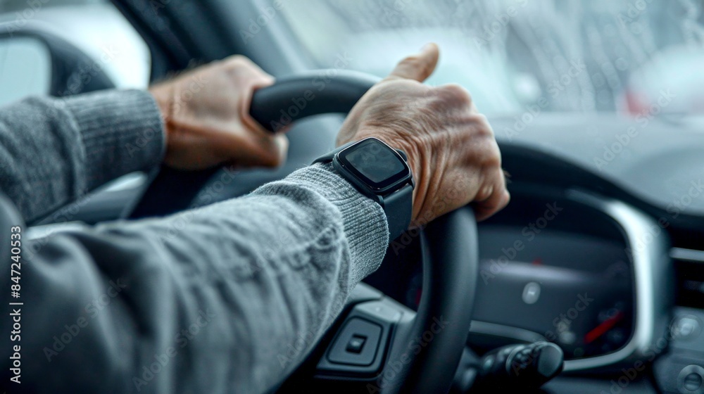 Close-up of hands holding a car steering wheel with a watch on the wrist. Captured in an everyday driving scenario. Ideal for automotive and smartwatch promotion. Modern and dynamic. AI