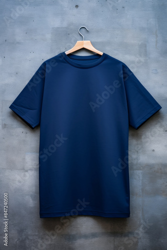 Blue Shirt Mockup on Concrete Wall Background: Blank Navy Blue T-Shirt Mockup Unisex on Hanger for Branding, Fashion Design, and Product Display - Minimalist Blue Shirt Mockup