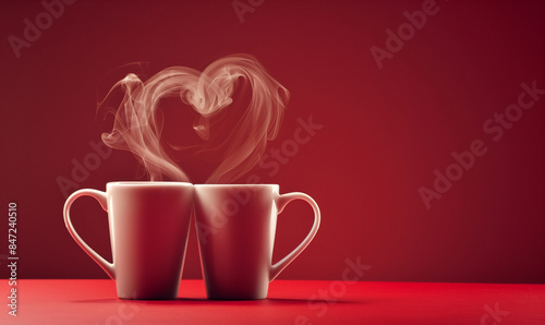 Two Coffee Cups with Heart-Shaped Steam on Red Background
