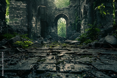 Nature is taking over the abandoned church building with moss growing on the floor