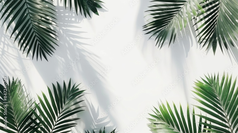 tropical palm leaves casting shadows on a pristine white background, creating a minimalist flat lay top view with ample space for text, perfect for a summer concept. tropical palm leaves casting shadows on a pristine white background, creating a minimalist flat lay top view with ample space for text, perfect for a summer concept.