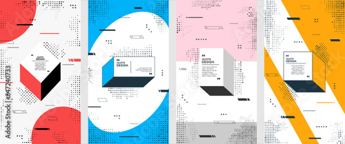 Vector illustration. Abstract neo memphis pattern banner collection with halftone dotted elements. Flow graphic shapes. Vibrant color quote frames. Design elements for flyer, voucher, leaflet, coupon