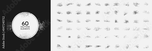 Vector set of 60 dynamic halftone dotted elements. Pop art style. Faded dots bundle isolated on white background. Collection of geometric shapes. Design elements for poster, layout, postcard, frame