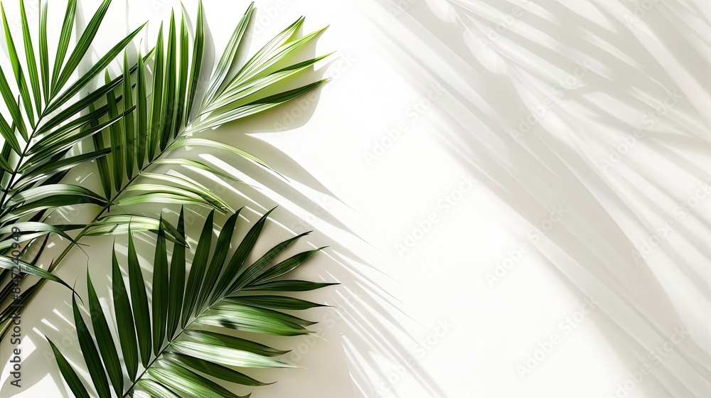 Fototapeta premium tropical palm leaves casting shadows on a pristine white background, creating a minimalist flat lay top view with ample space for text, perfect for a summer concept.