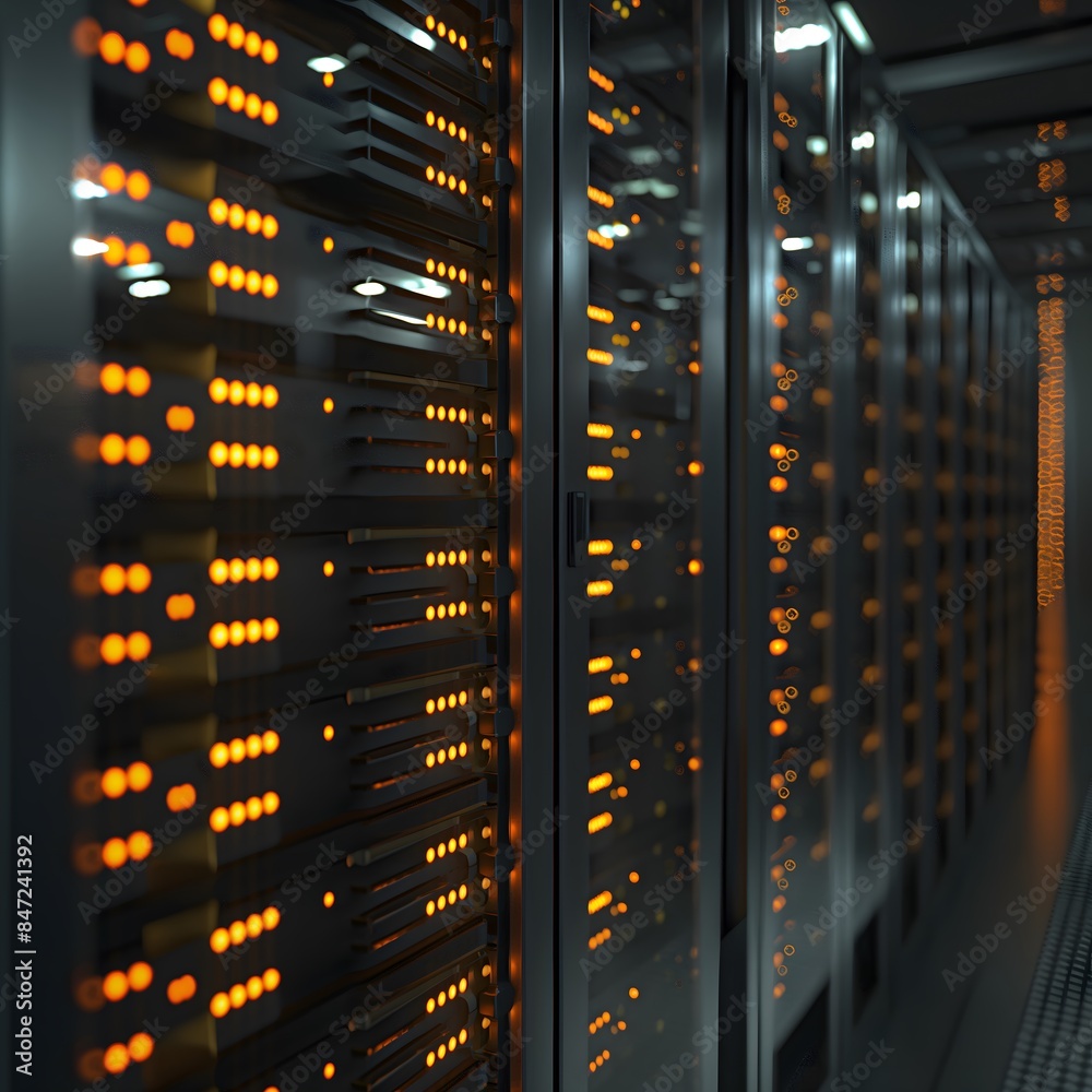 High-tech data center showcasing rows of active server racks with busy indicator lights, symbolizing the bustling EOS blockchain memory trading, network High-tech data center showcasing rows of active server racks with busy indicator lights, symbolizing the bustling EOS blockchain memory trading, network