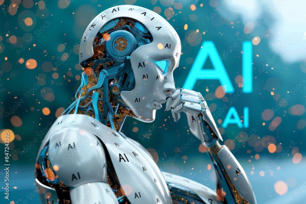 Thoughtful AI Humanoid Robot with Digital Interface and Glowing Blue Elements on Abstract Background Thoughtful AI Humanoid Robot with Digital Interface and Glowing Blue Elements on Abstract Background