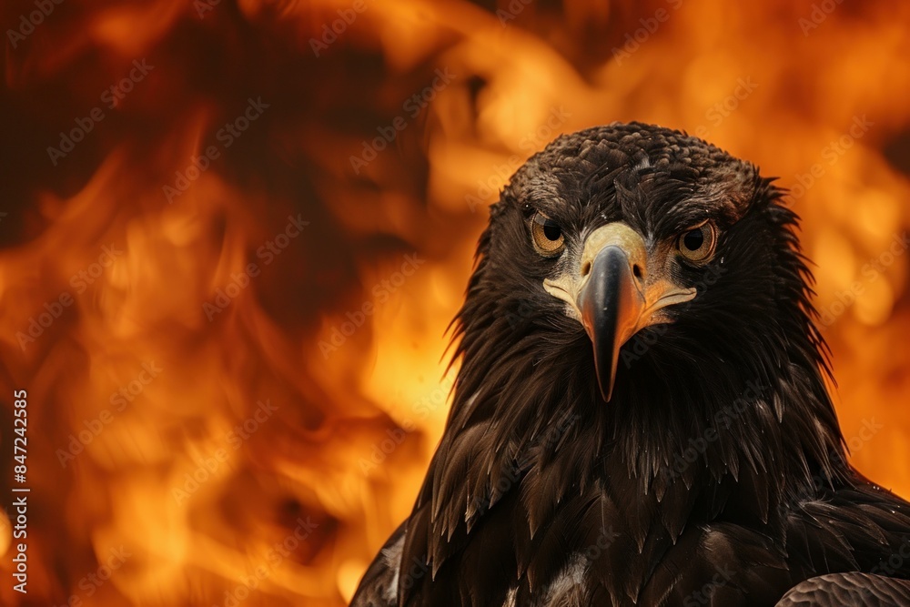 Fototapeta premium Majestic eagle is posing with an intense gaze against a backdrop of raging fire