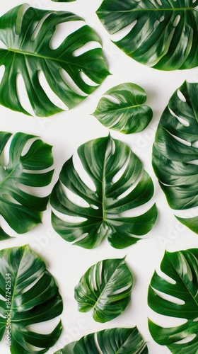 tropical palm leaves casting shadows on a pristine white background, creating a minimalist flat lay top view with ample space for text, perfect for a summer concept.