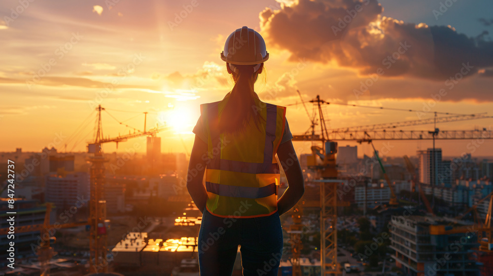 Fototapeta premium Woman in hard hat and reflective vest surveying a city construction site from behind during the golden hour