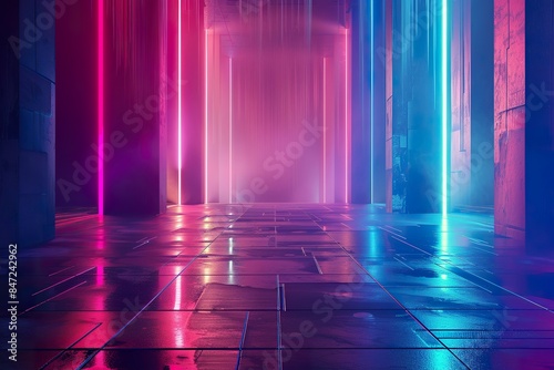 A neon colored hallway with a purple line in the middle