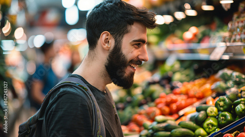 Cheerful bearded man selecting produce in a vibrant food market environment