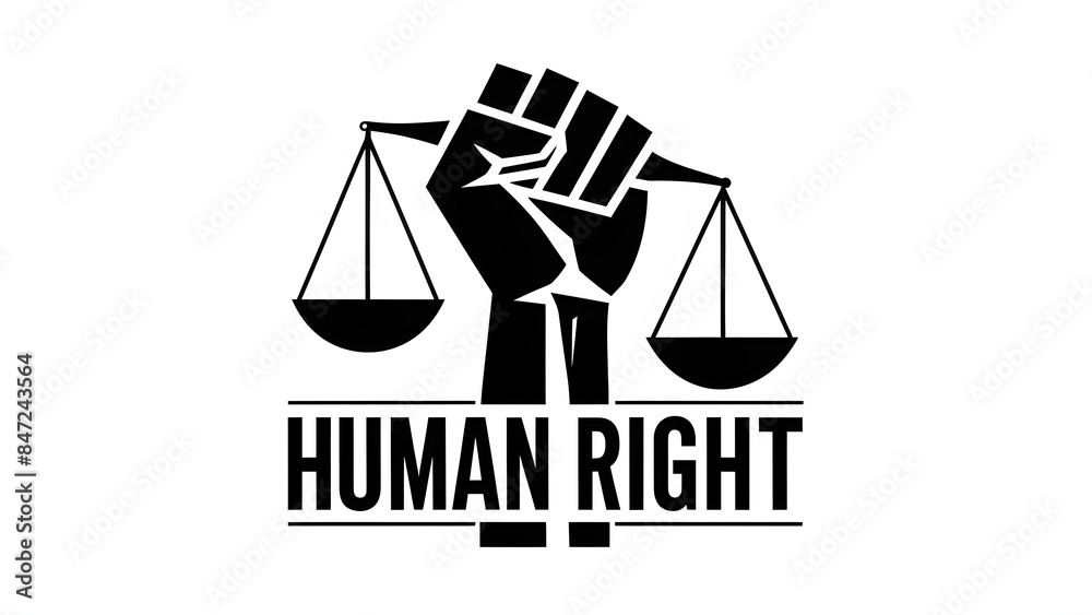 A stylized representation of a clenched fist holding a balance scale. The balance scale has two pans, one larger than the other. Below the visual representation, the word 'HUMAN RIGHT' is written A stylized representation of a clenched fist holding a balance scale. The balance scale has two pans, one larger than the other. Below the visual representation, the word 'HUMAN RIGHT' is written